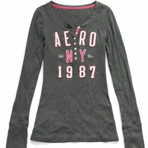 Aéropostale Aero NY 1987 Long Sleeve Henley Shirt Gray Pink Women’s Top